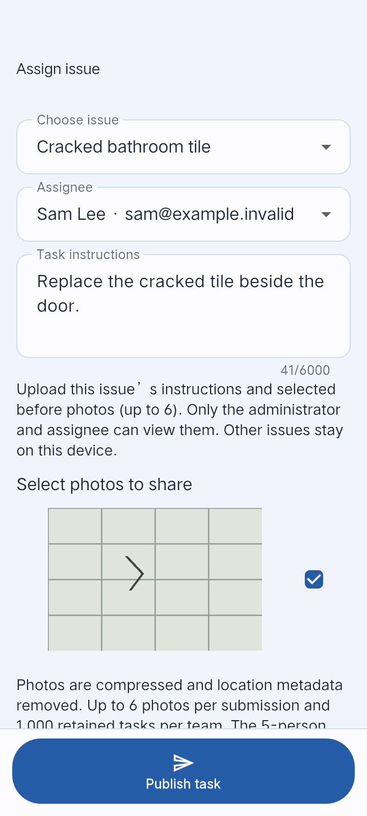 Select the issue, the member and the evidence to share.